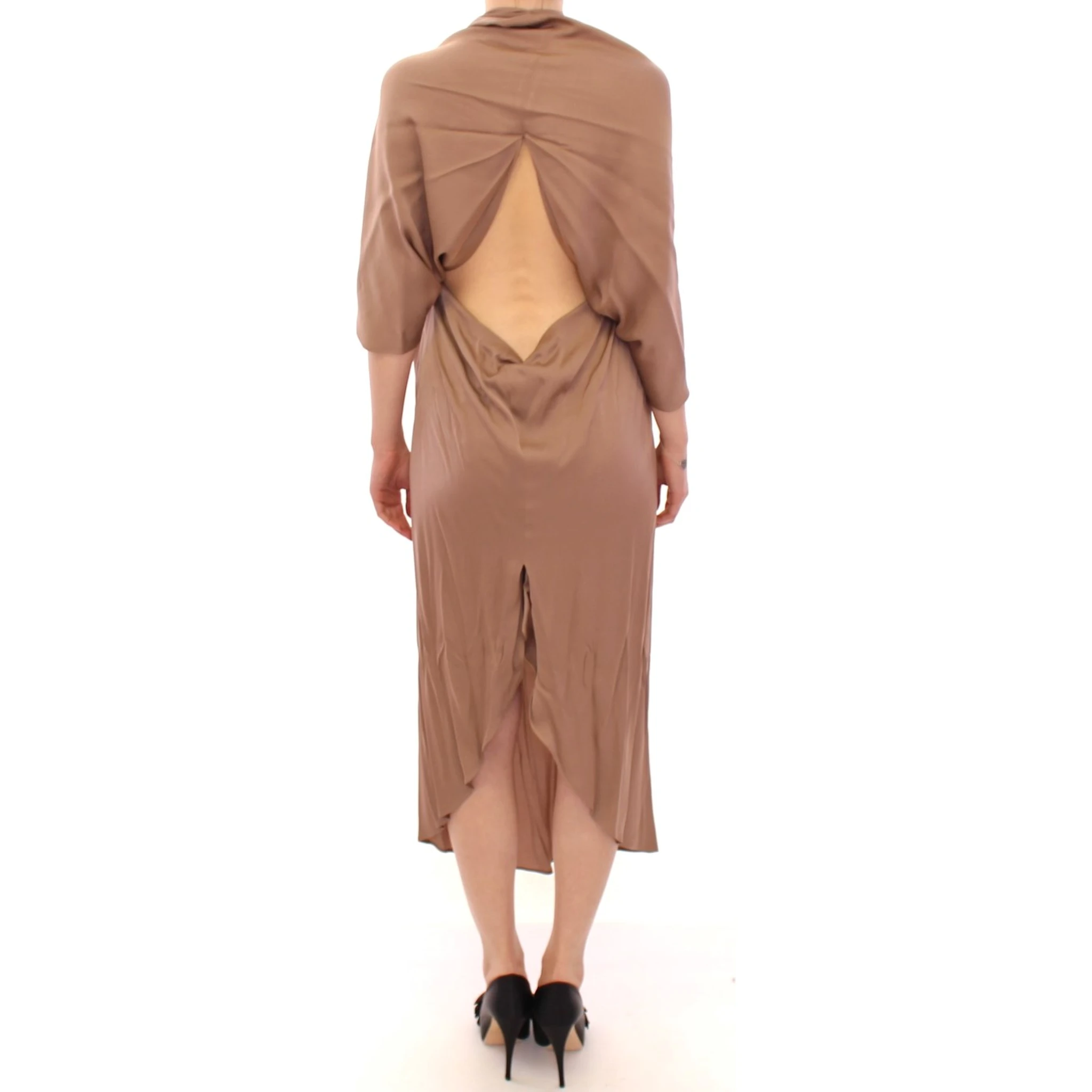 Brown Draped Silk Sheath Shift Coctail Dress