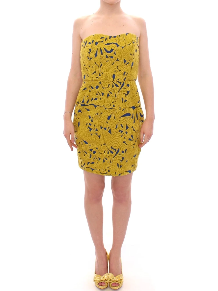 Blue Yellow Strapless Bubble Mini Shift Dress