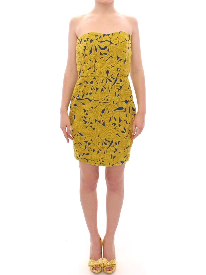 Blue Yellow Strapless Bubble Mini Shift Dress