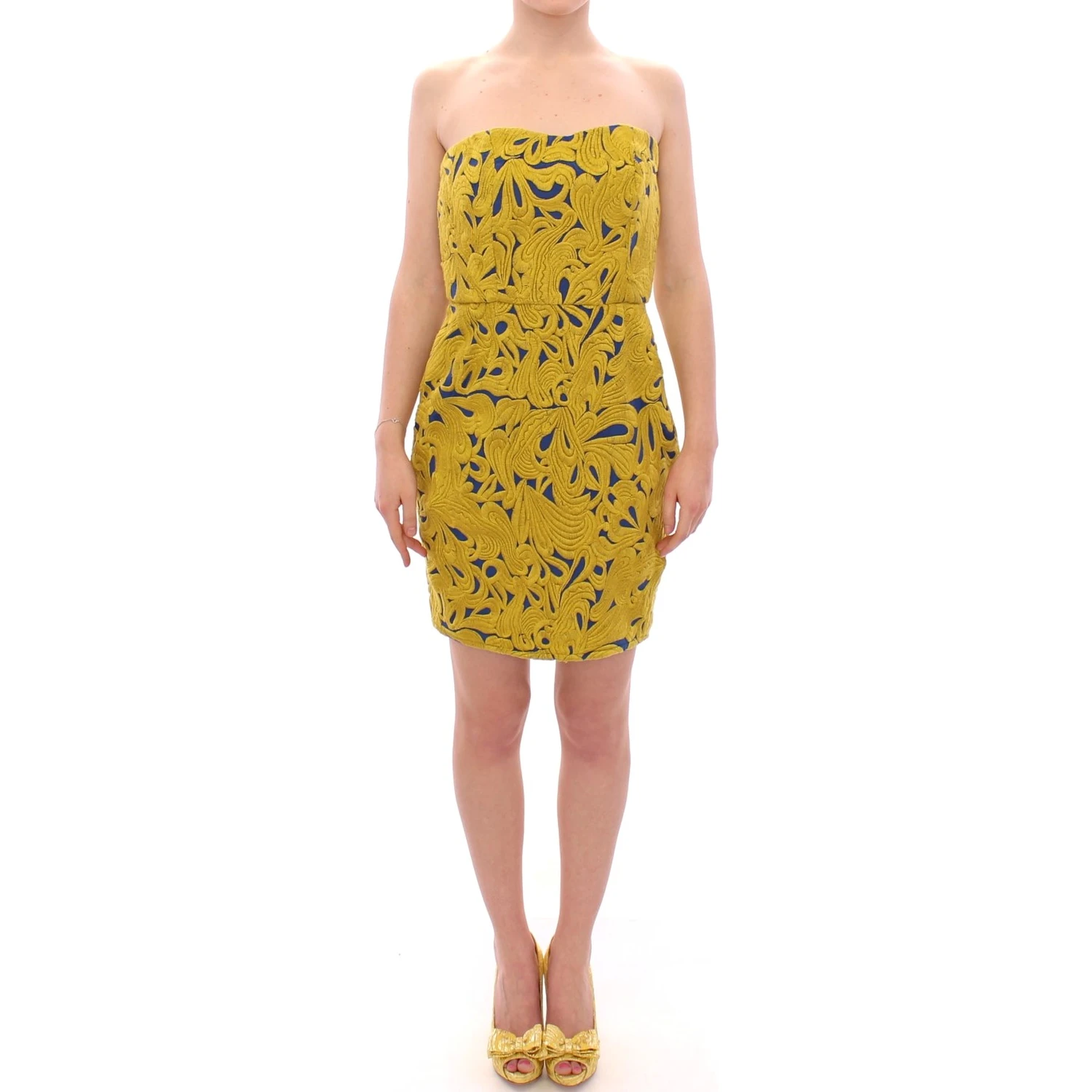 Blue Yellow Strapless Bubble Mini Shift Dress