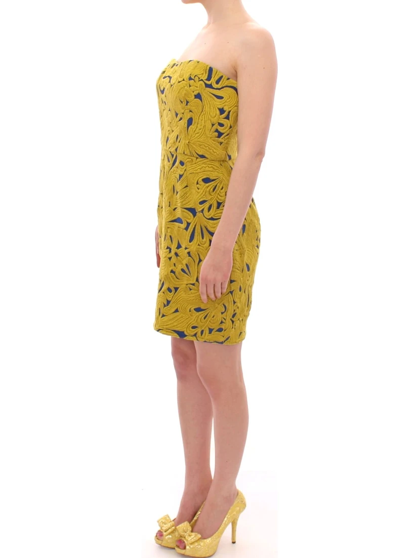 Blue Yellow Strapless Bubble Mini Shift Dress
