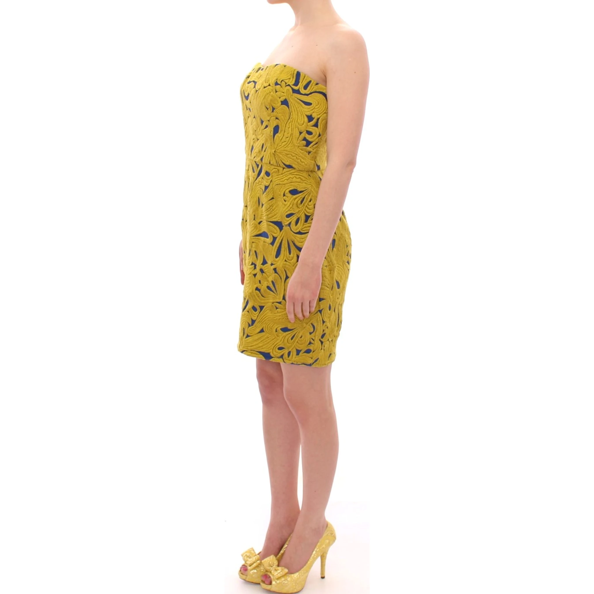 Blue Yellow Strapless Bubble Mini Shift Dress