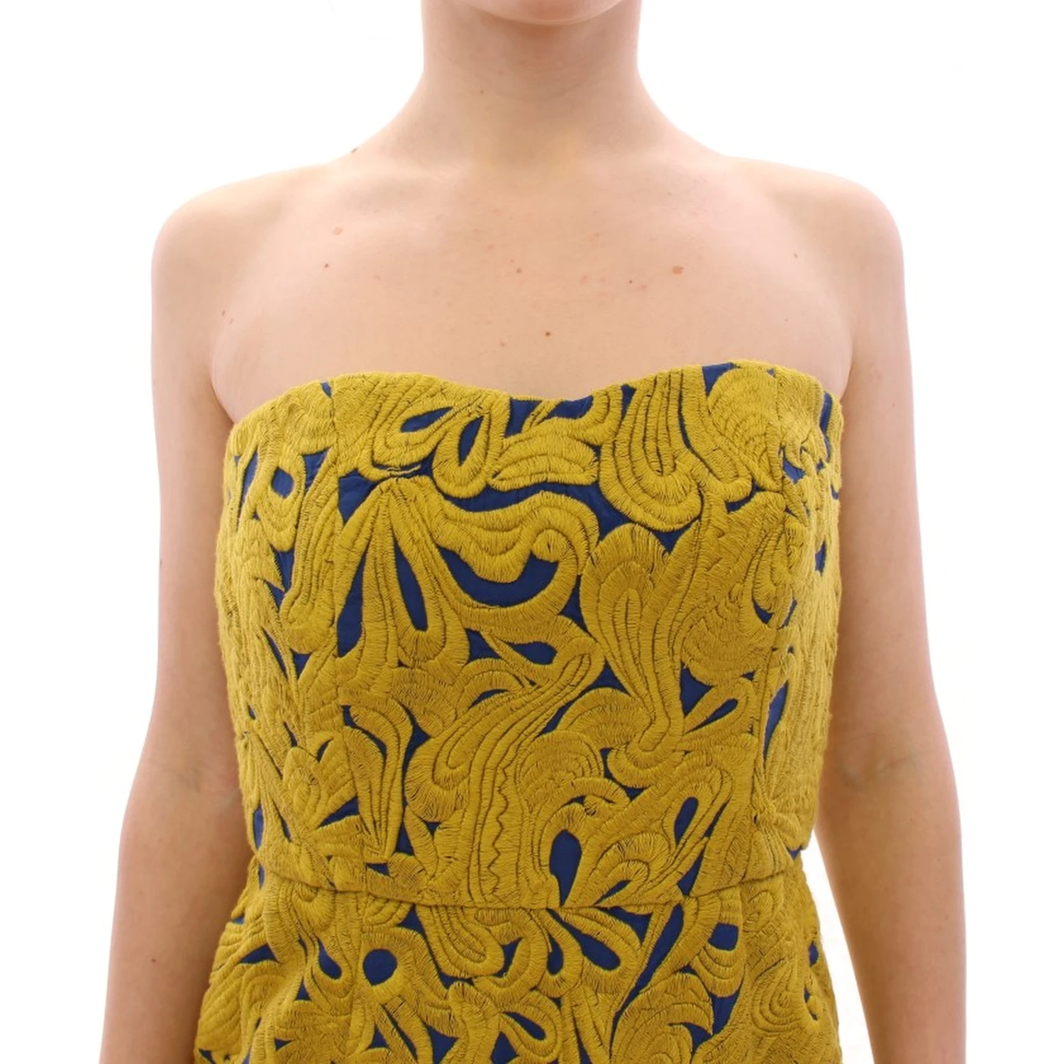 Blue Yellow Strapless Bubble Mini Shift Dress