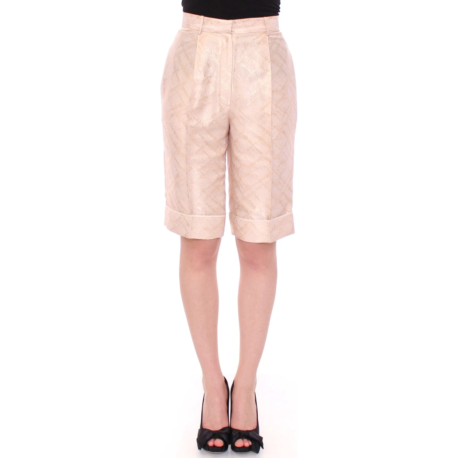 Beige Brocade Above Knee Shorts