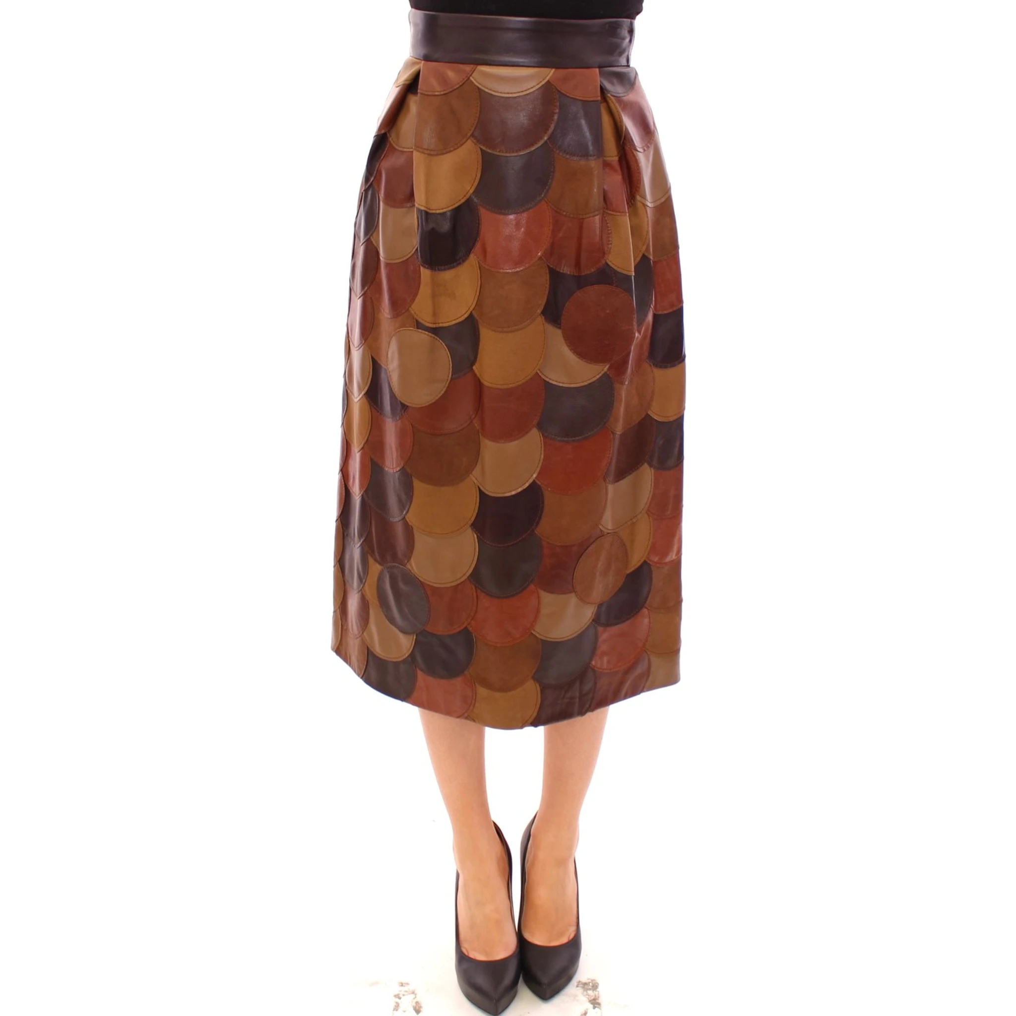 Brown Patchwork Leather Straight Skirt