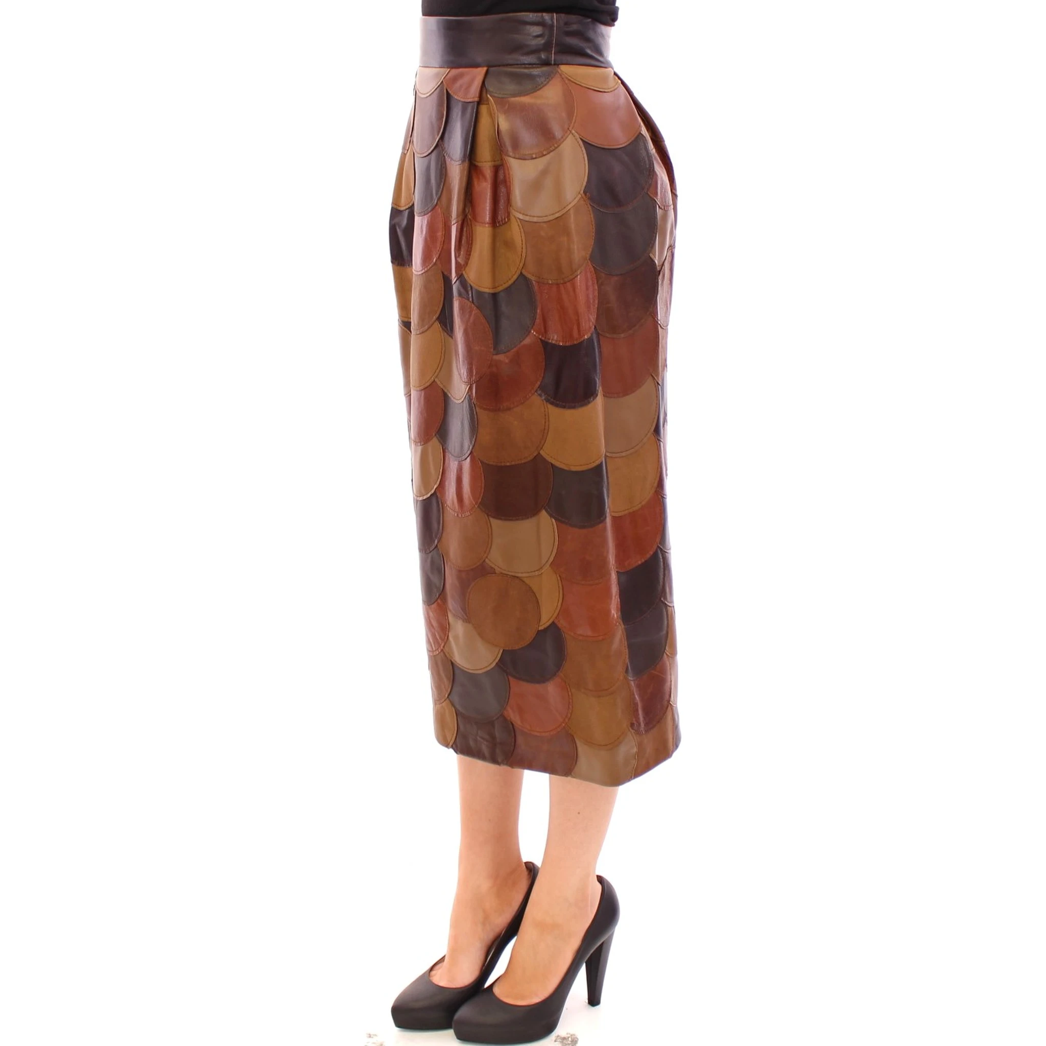 Brown Patchwork Leather Straight Skirt