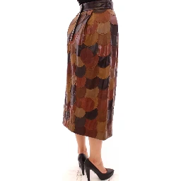 Brown Patchwork Leather Straight Skirt