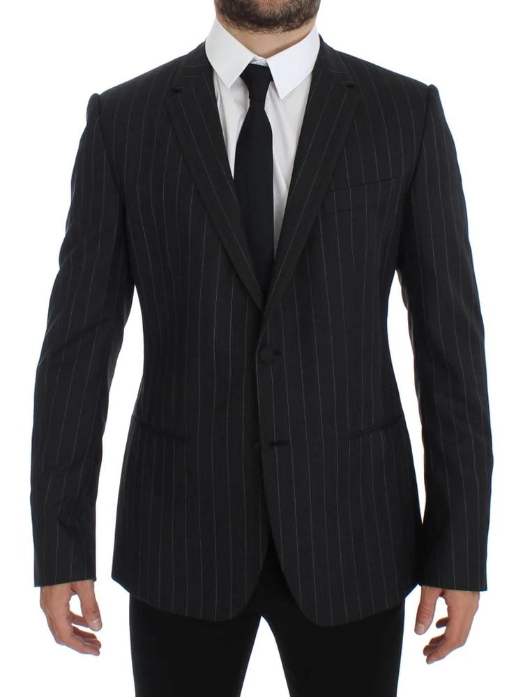 Gray Striped Slim Fit Wool Blazer
