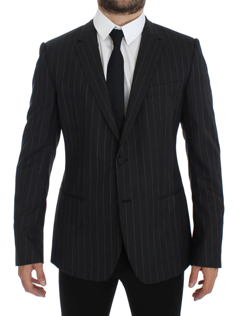 Gray Striped Slim Fit Wool Blazer