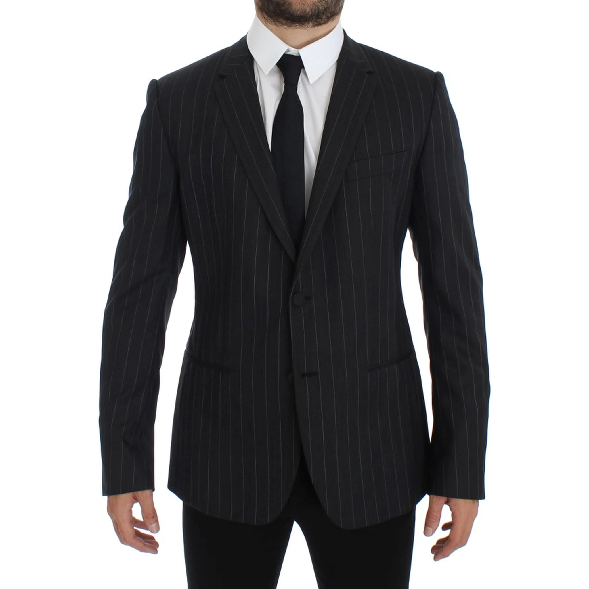 Gray Striped Slim Fit Wool Blazer