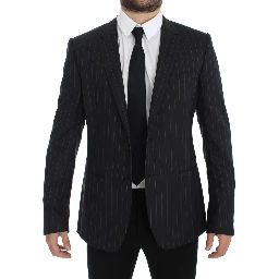 Gray Striped Slim Fit Wool Blazer