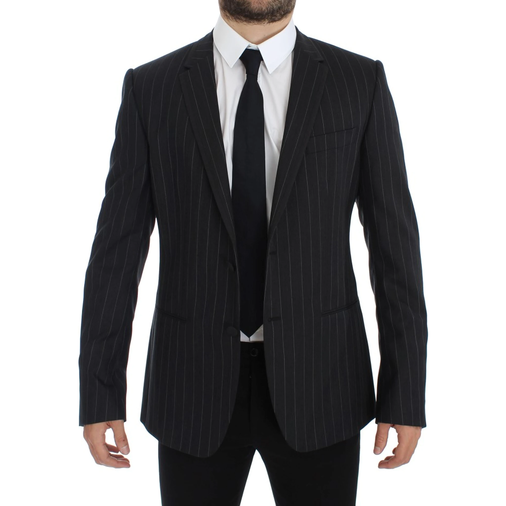 Gray Striped Slim Fit Wool Blazer