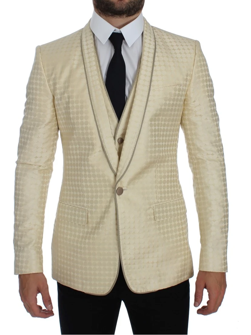 Beige Polka Dot Silk 2 Piece Blazer