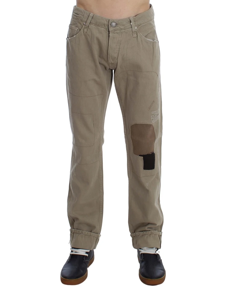 Beige Cotton Patchwork Jeans