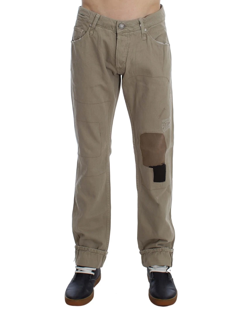 Beige Cotton Patchwork Jeans