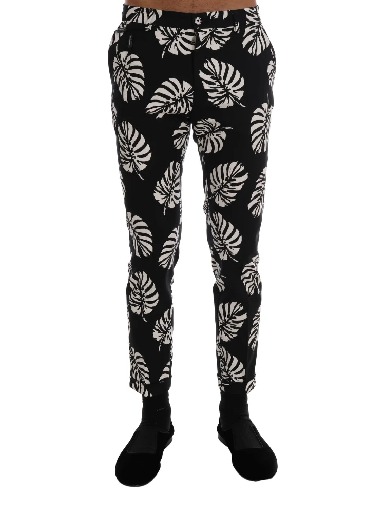 White Black Leaf Cotton Stretch Slim Pants