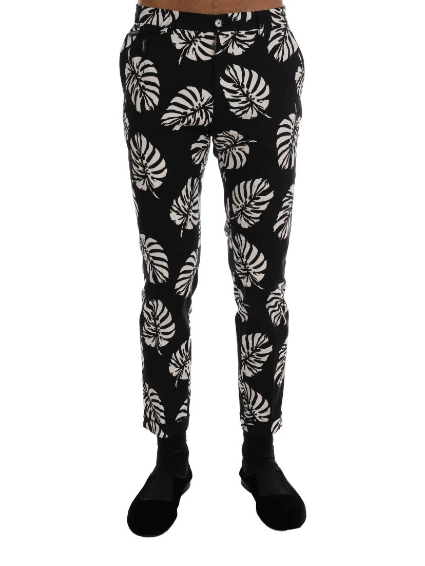 White Black Leaf Cotton Stretch Slim Pants