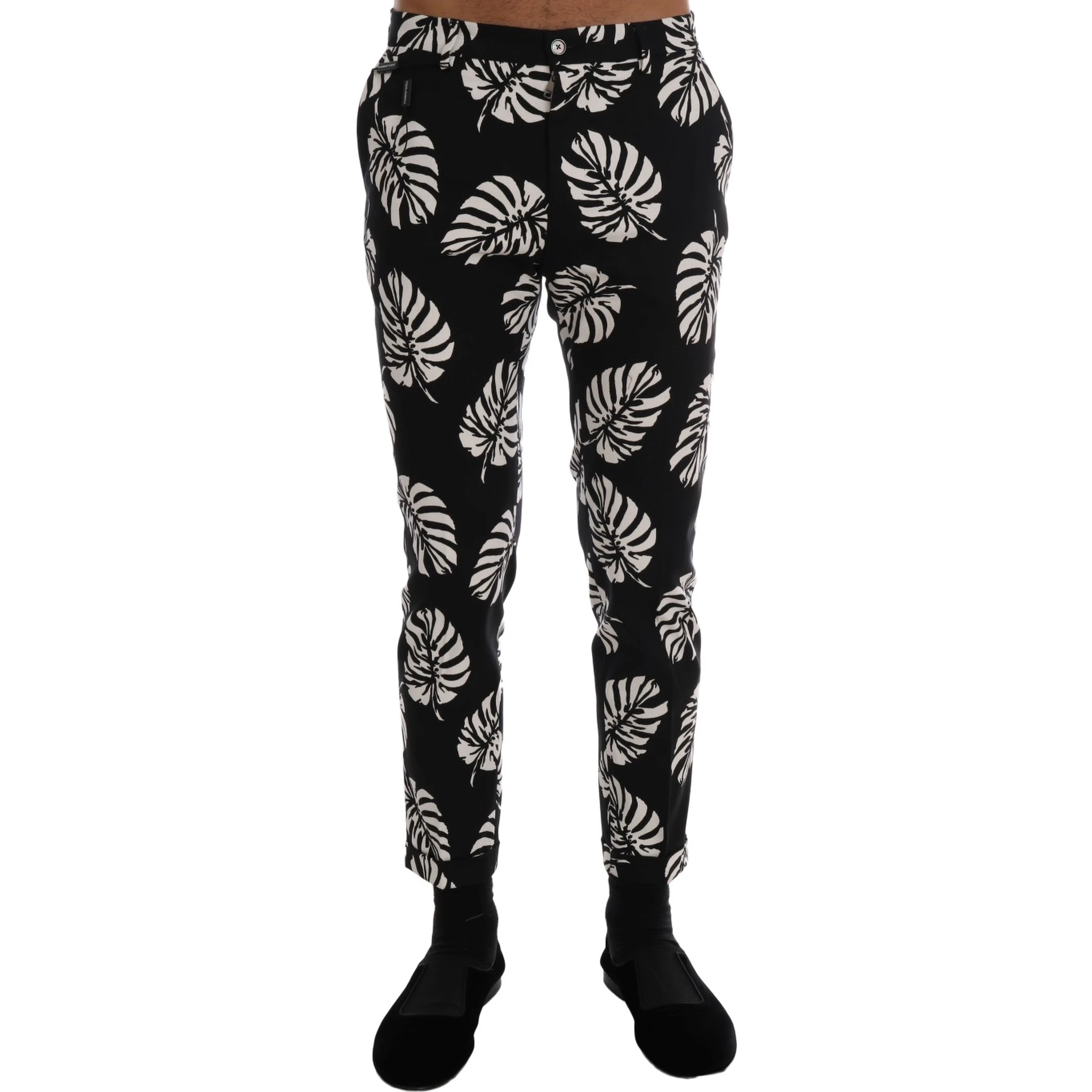 White Black Leaf Cotton Stretch Slim Pants