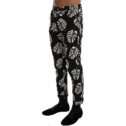 White Black Leaf Cotton Stretch Slim Pants