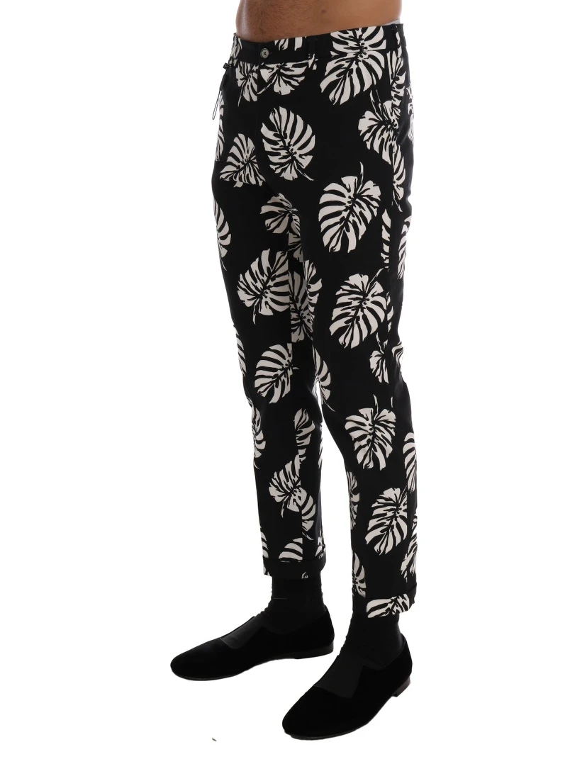 White Black Leaf Cotton Stretch Slim Pants