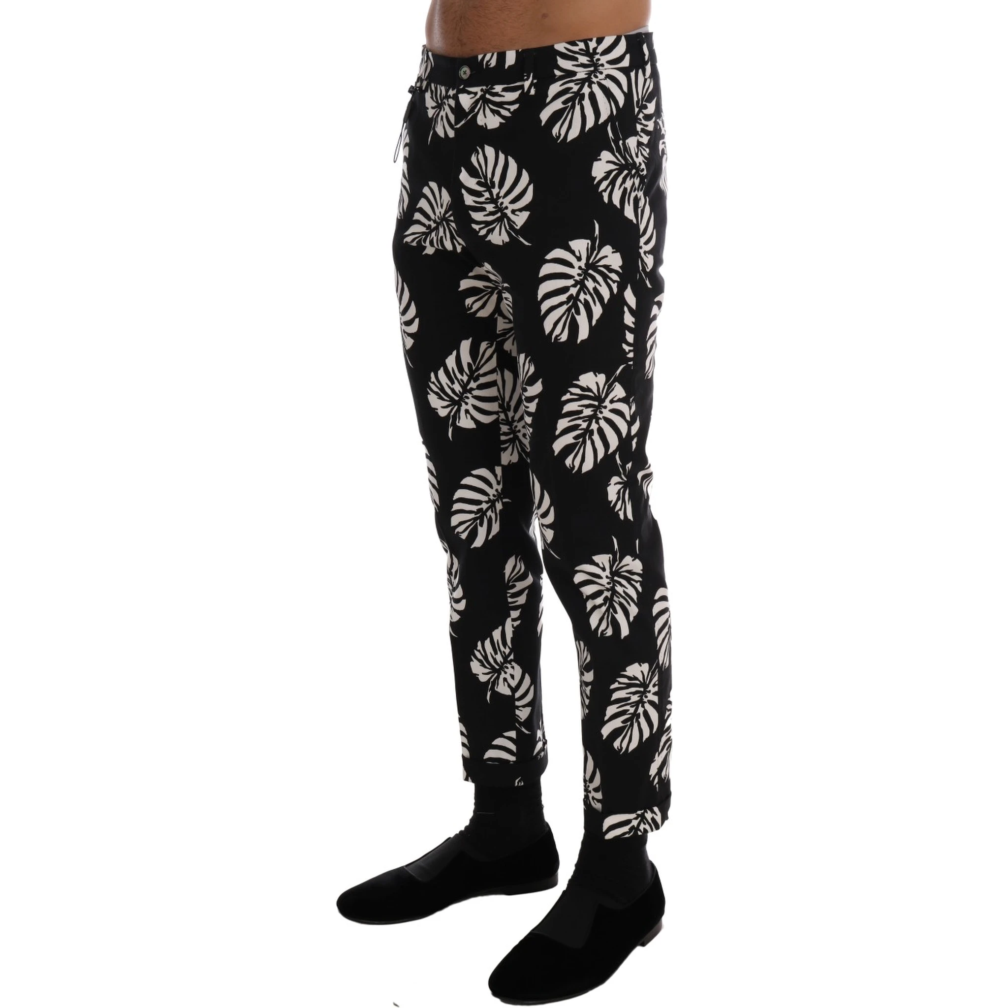 White Black Leaf Cotton Stretch Slim Pants