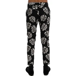 White Black Leaf Cotton Stretch Slim Pants