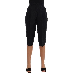 Black Brocade High Waist Capri Shorts