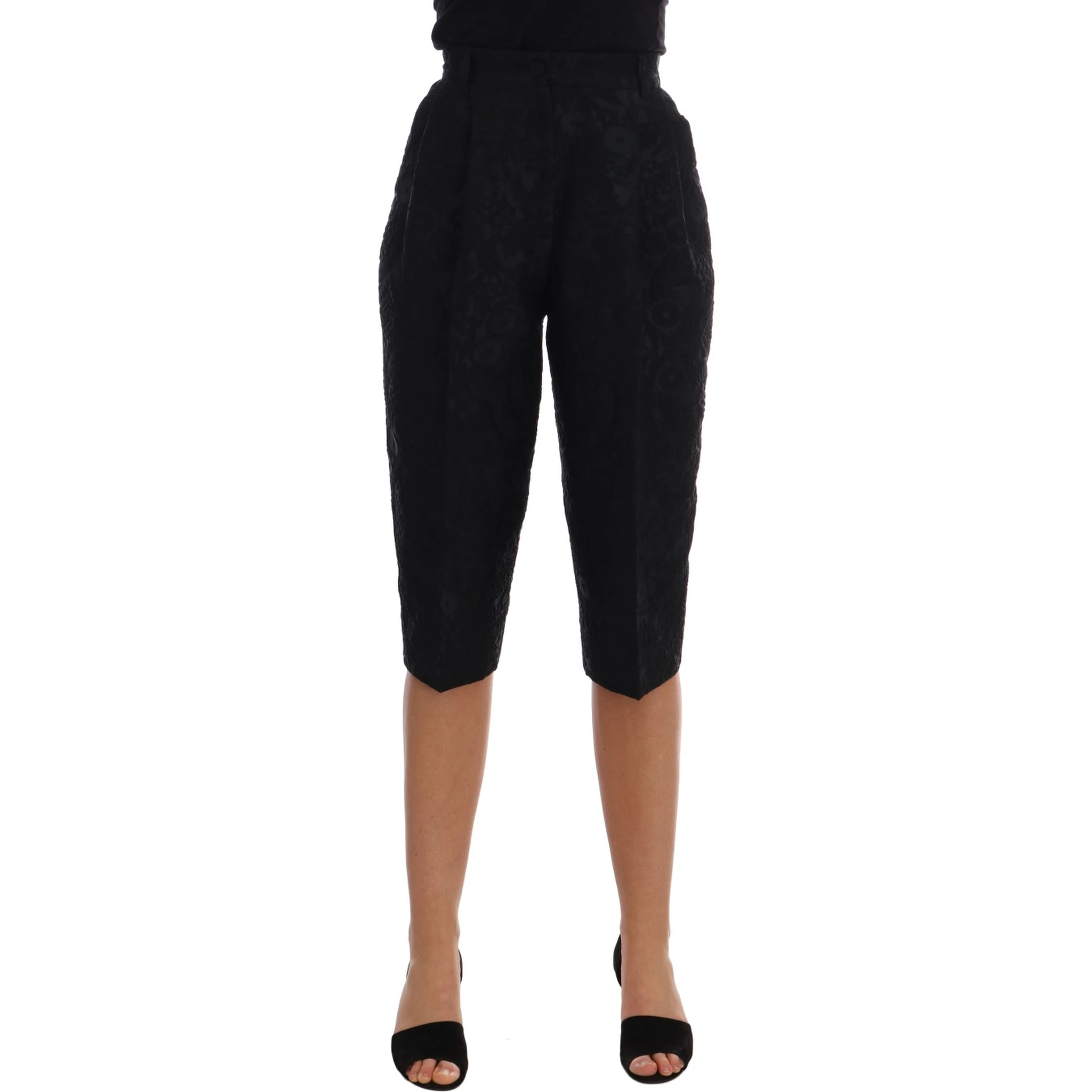 Black Brocade High Waist Capri Shorts