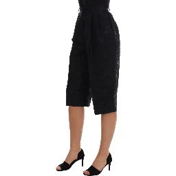 Black Brocade High Waist Capri Shorts