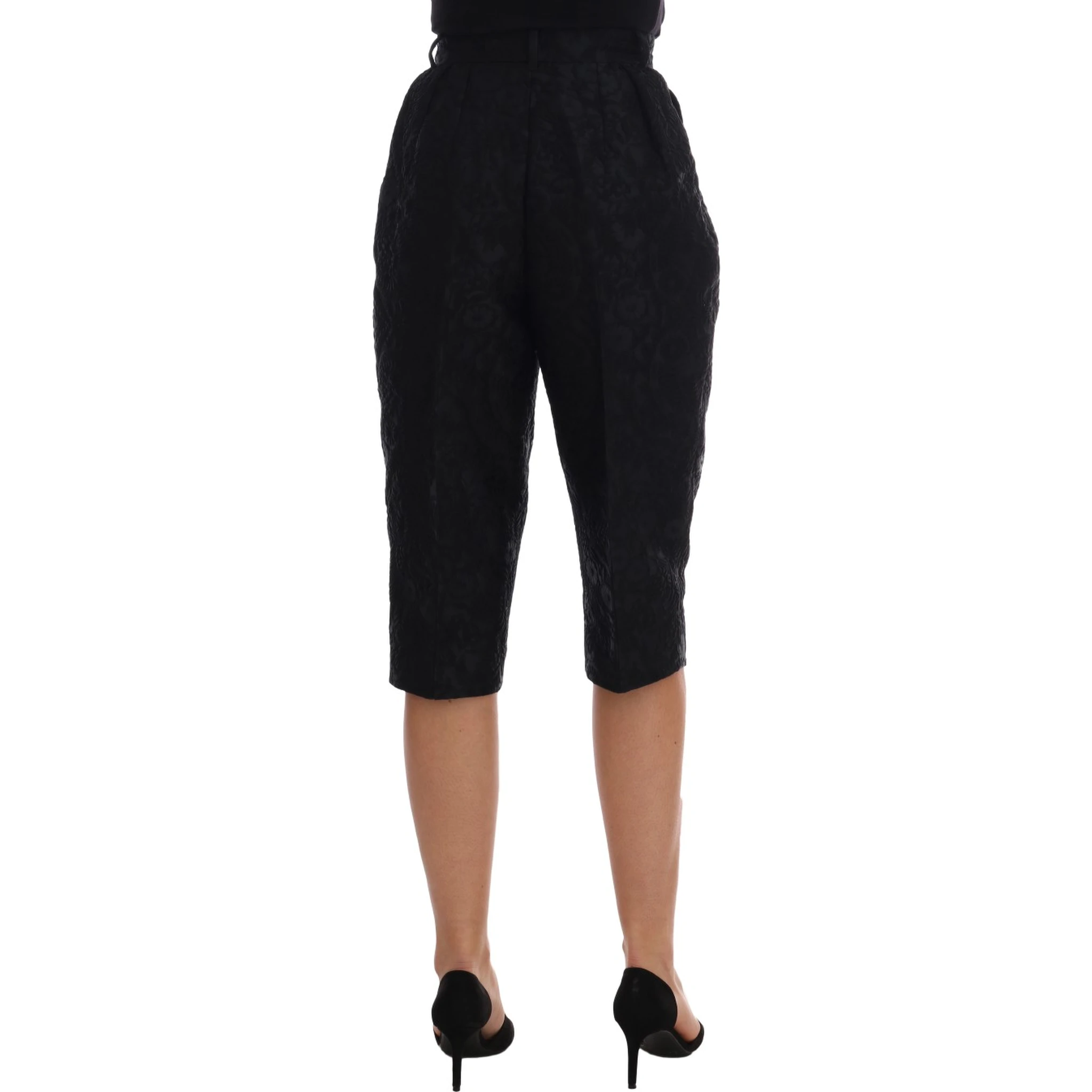 Black Brocade High Waist Capri Shorts