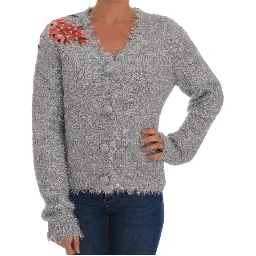 Silver Cardigan Floral Applique Sweater