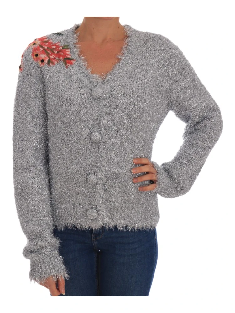 Silver Cardigan Floral Applique Sweater