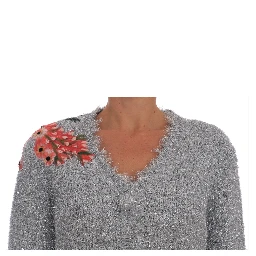 Silver Cardigan Floral Applique Sweater