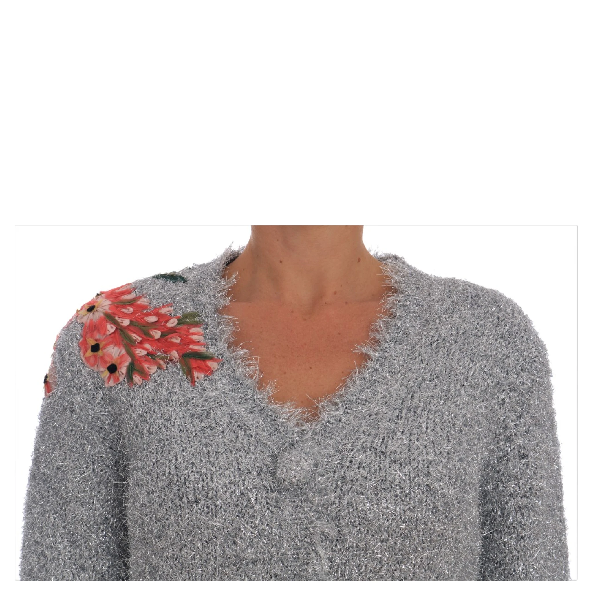 Silver Cardigan Floral Applique Sweater