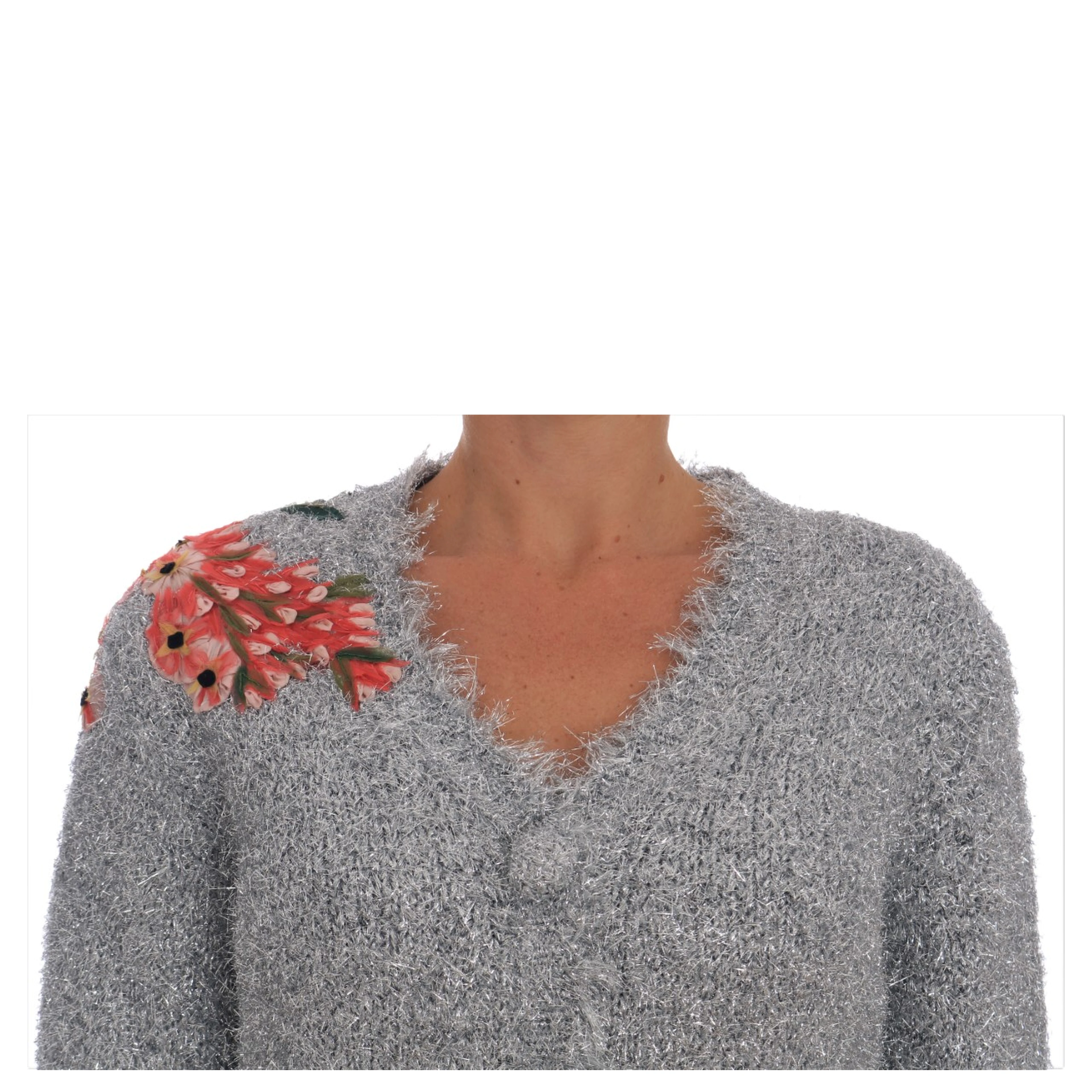 Silver Cardigan Floral Applique Sweater