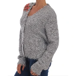Silver Cardigan Floral Applique Sweater