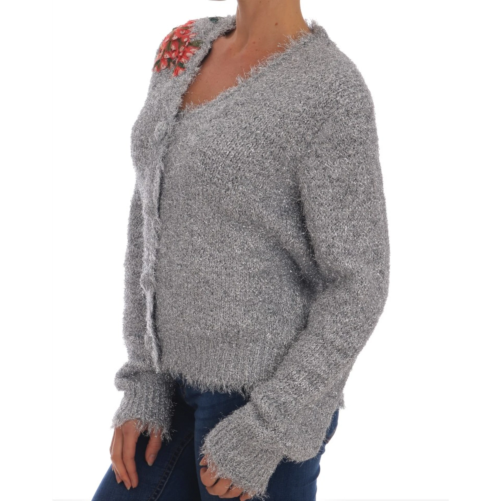 Silver Cardigan Floral Applique Sweater