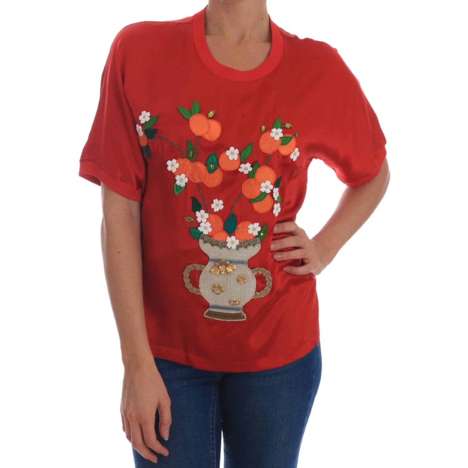 Red Silk Oranges Floral Crystal Blouse