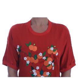 Red Silk Oranges Floral Crystal Blouse