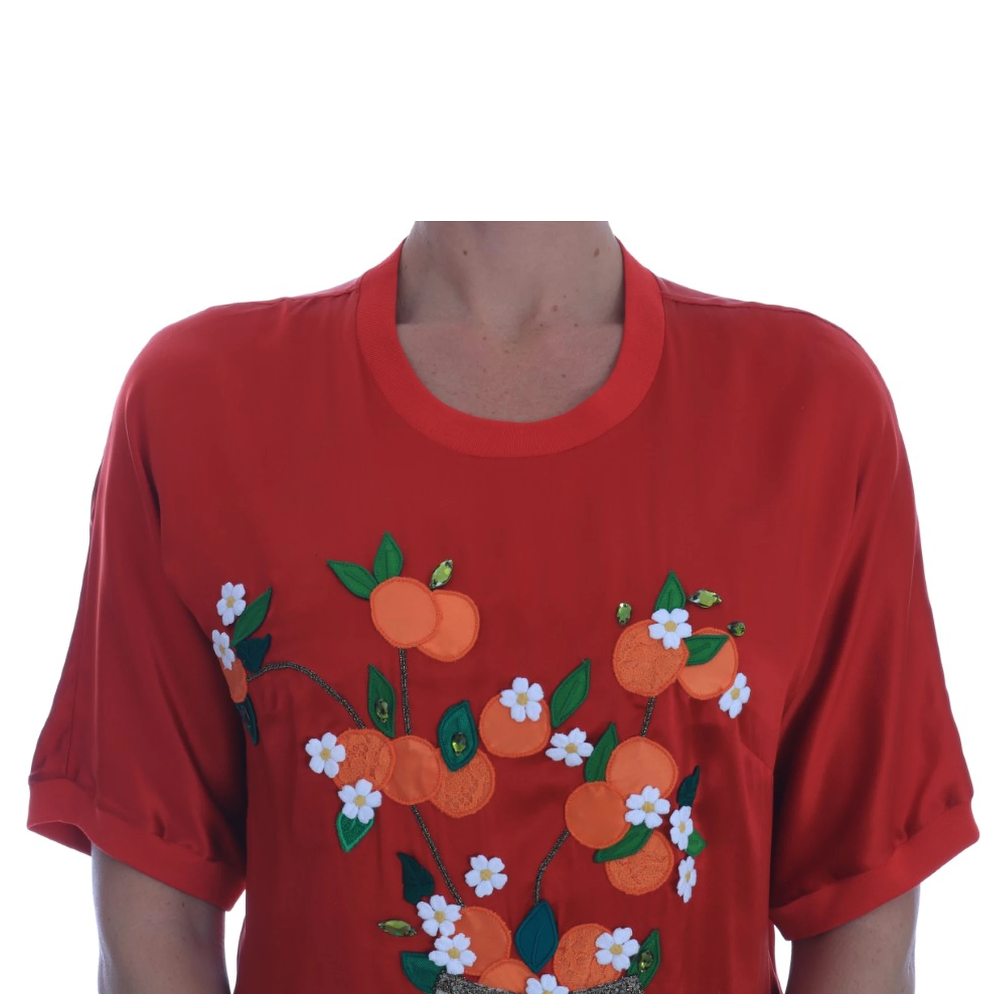 Red Silk Oranges Floral Crystal Blouse