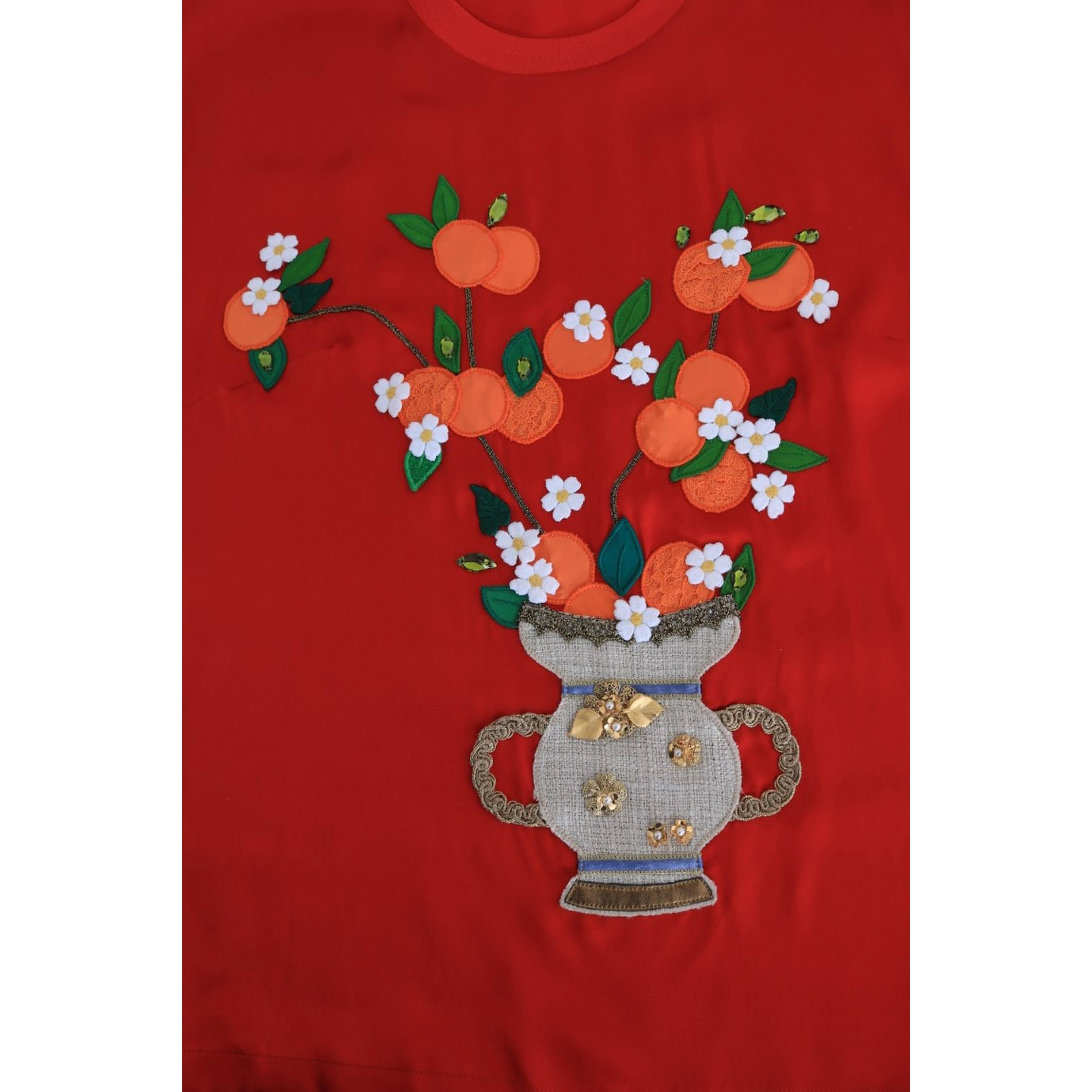 Red Silk Oranges Floral Crystal Blouse