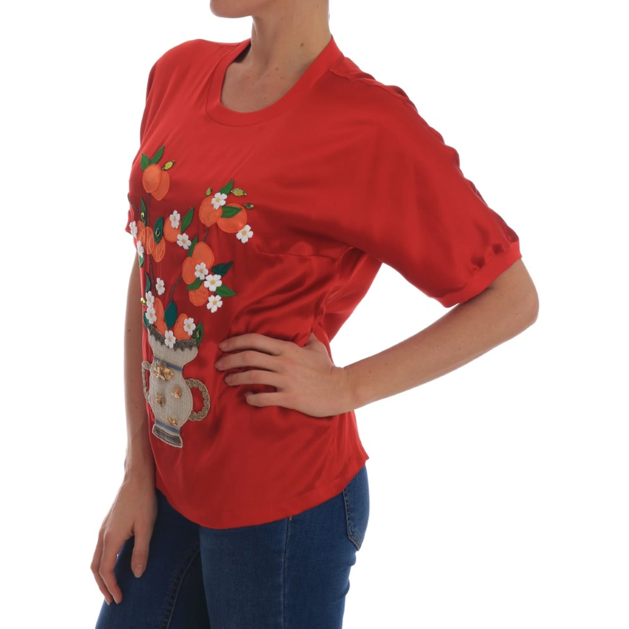 Red Silk Oranges Floral Crystal Blouse