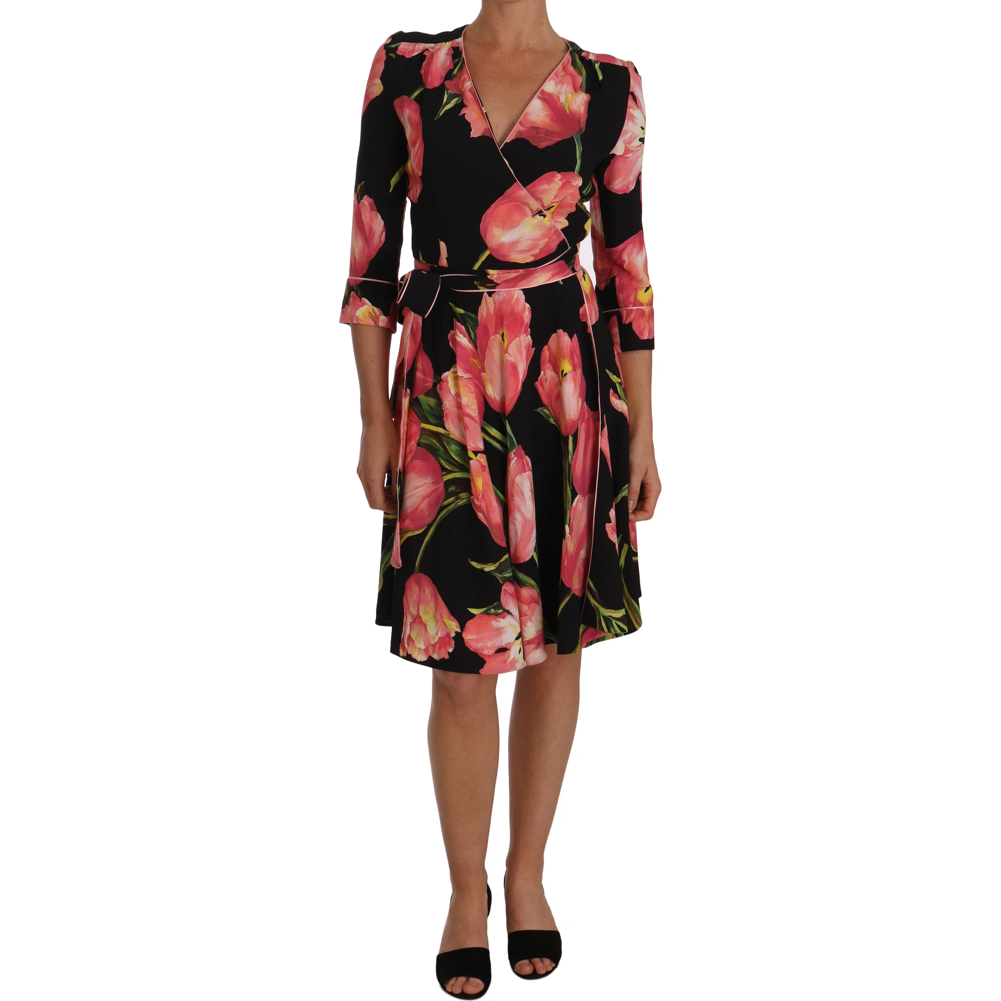 Black Pink Tulip Print Stretch Shift Dress