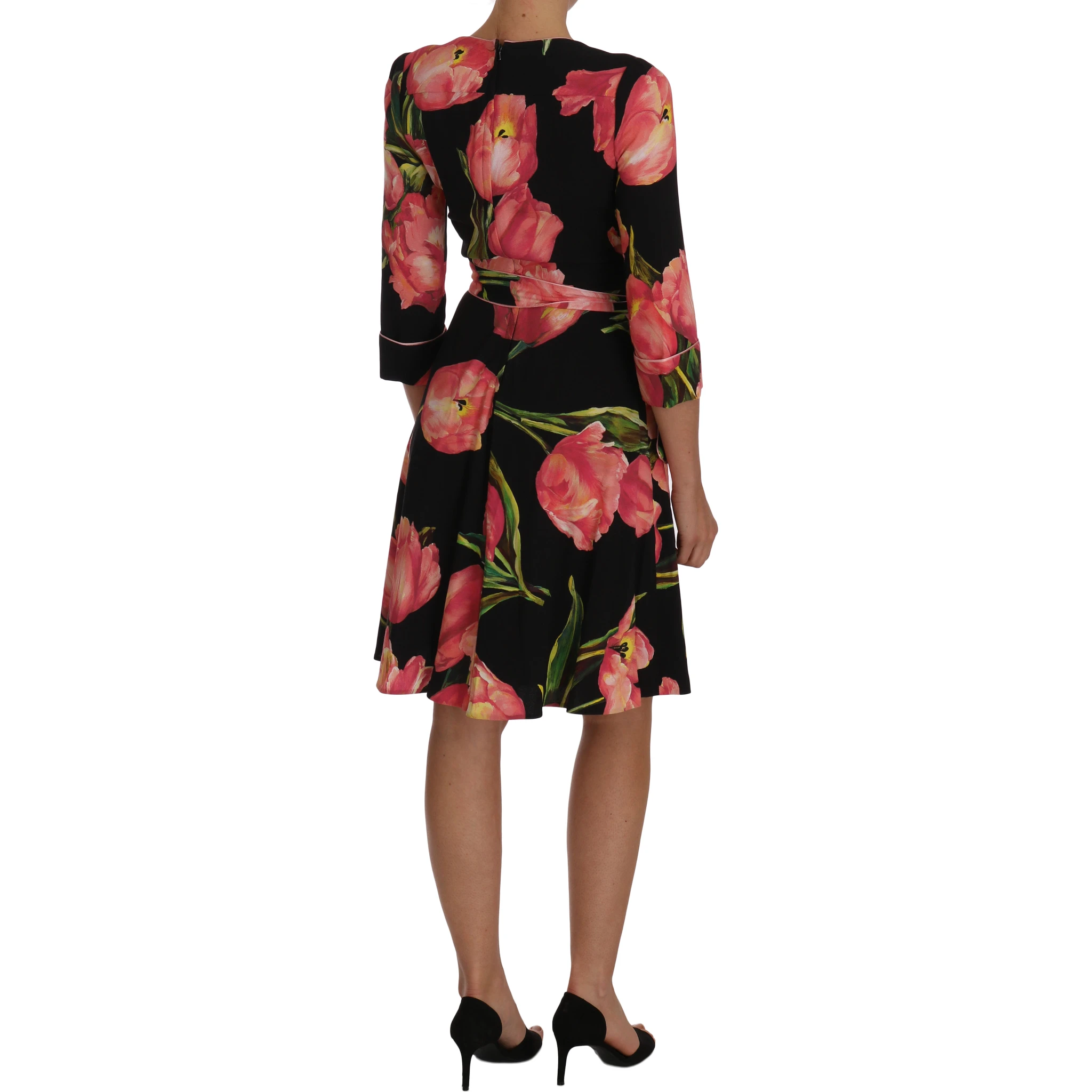 Black Pink Tulip Print Stretch Shift Dress