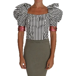 White Black Striped Cropped Top Puff Sleeve Shirts