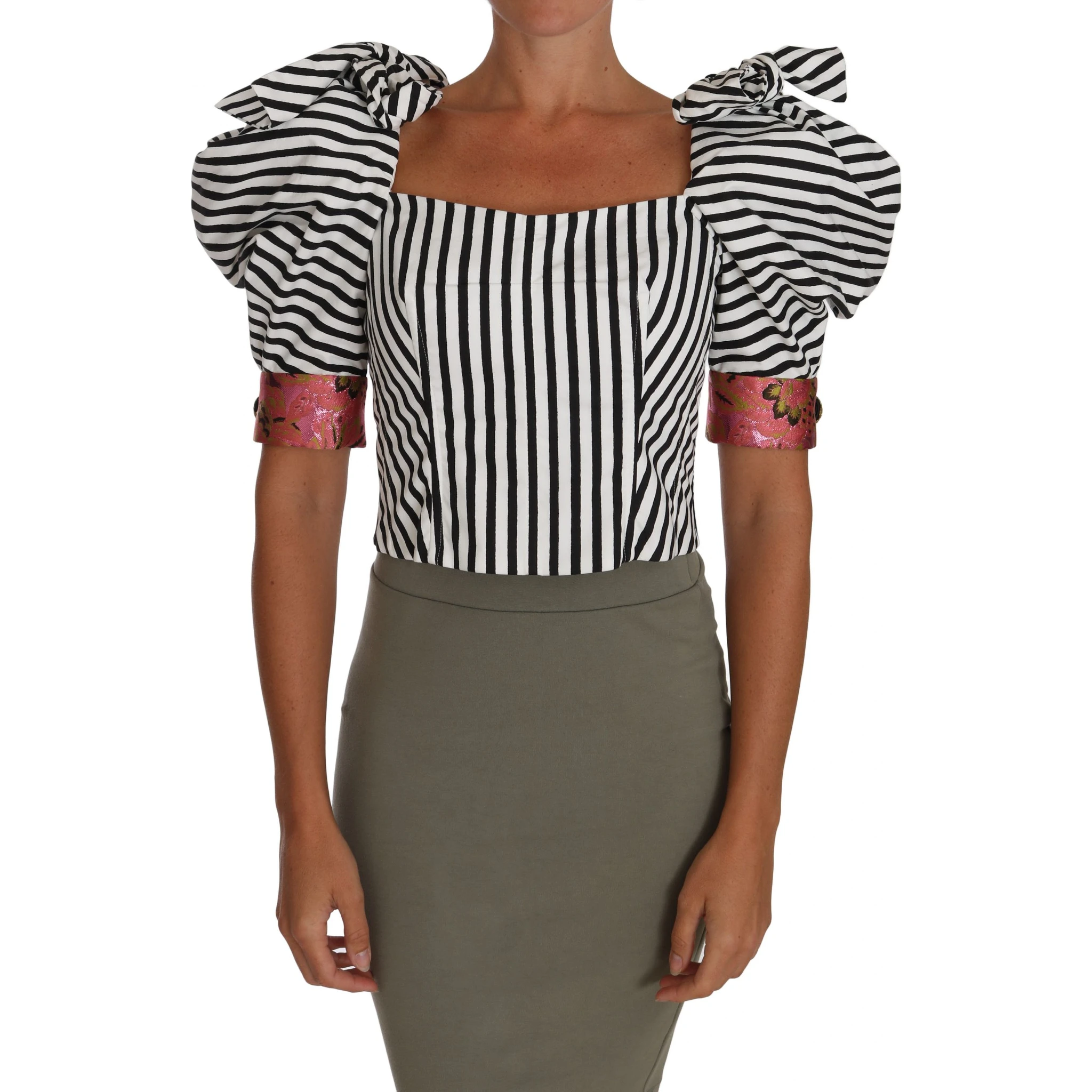 White Black Striped Cropped Top Puff Sleeve Shirts