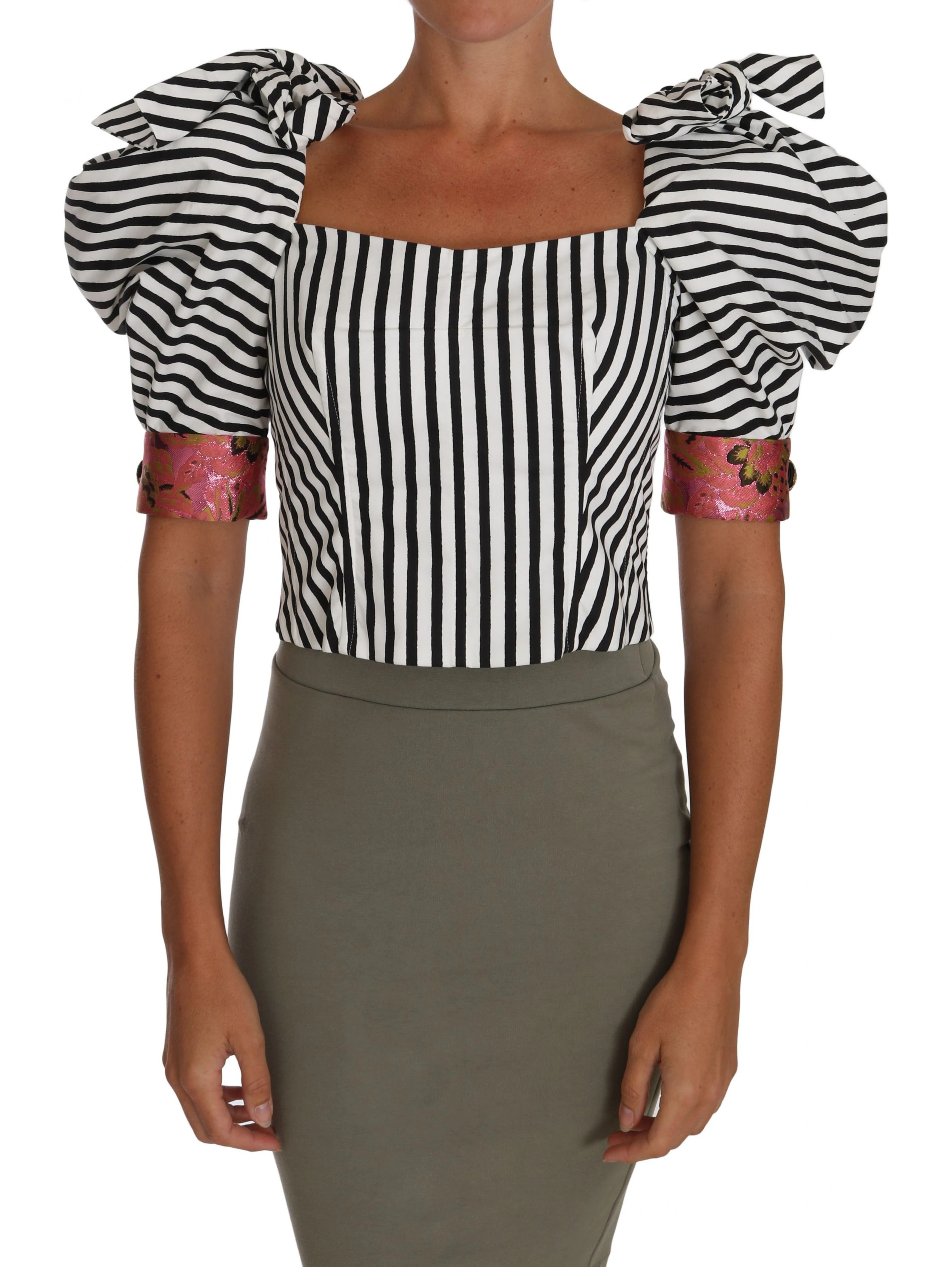 White Black Striped Cropped Top Puff Sleeve Shirts