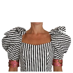 White Black Striped Cropped Top Puff Sleeve Shirts