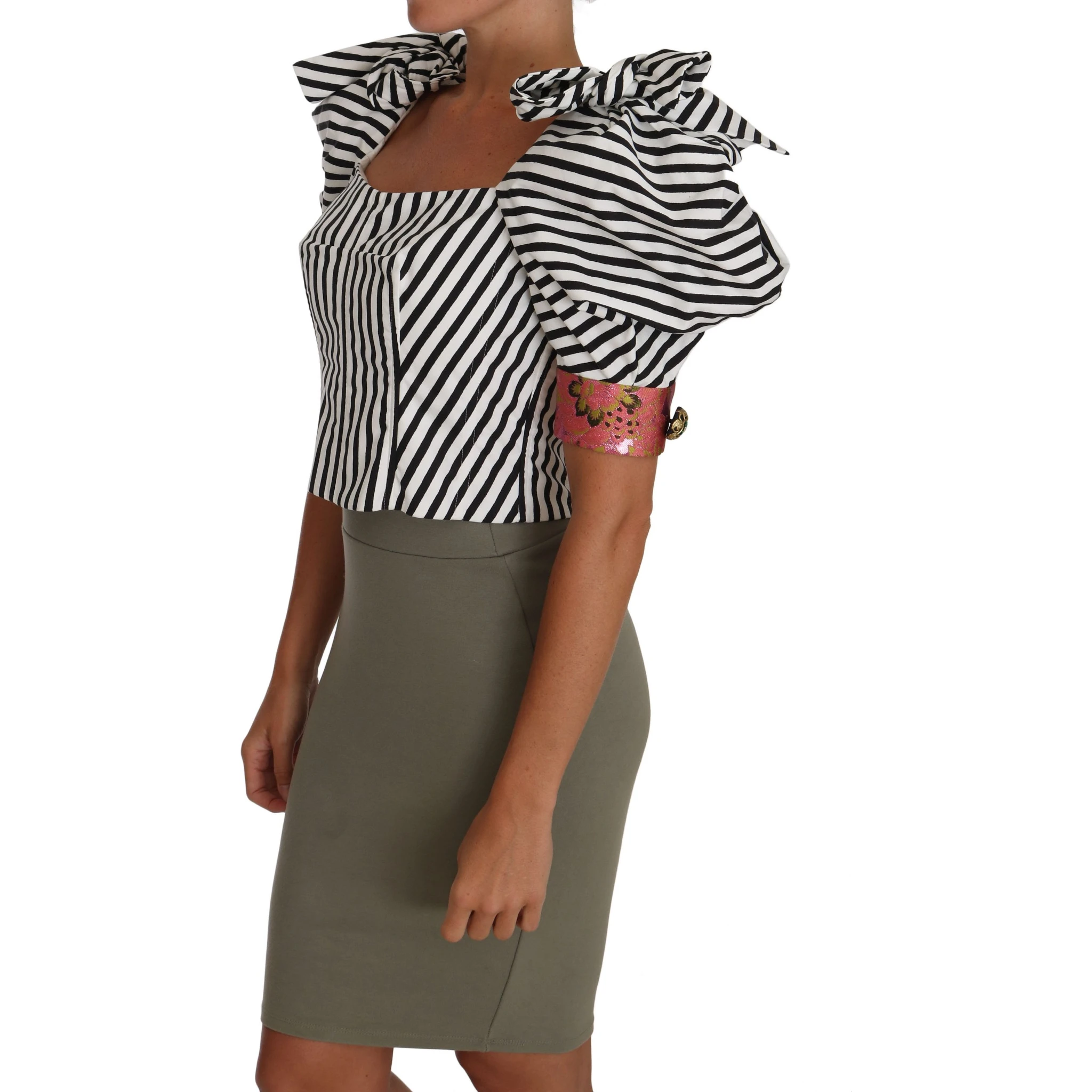 White Black Striped Cropped Top Puff Sleeve Shirts