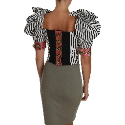 White Black Striped Cropped Top Puff Sleeve Shirts